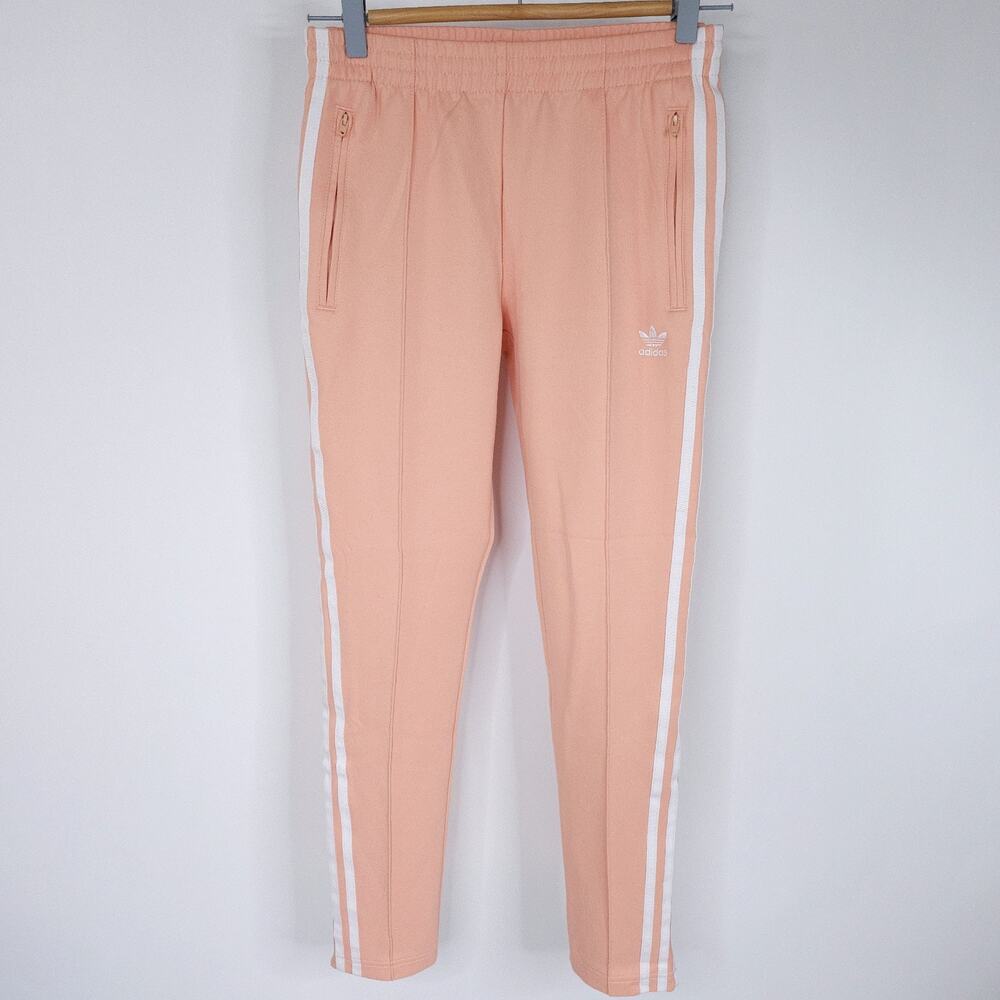 Adidas Track Pants Womens XS Peach White 3 Stripe Trefoil Pockets Ankle Zip